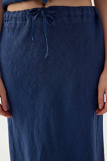 %100 Keten Beli Bağcıklı Midi Etek - 19