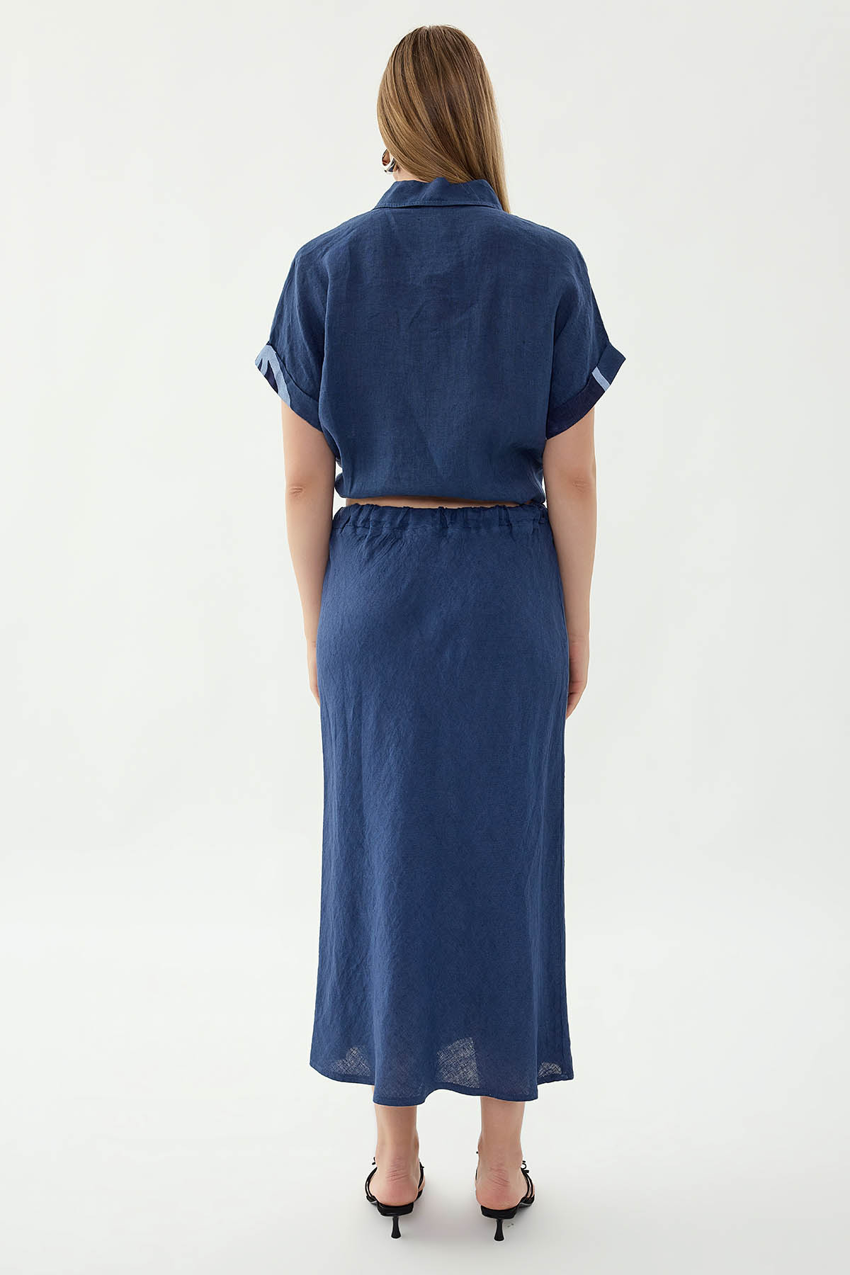 %100 Keten Beli Bağcıklı Midi Etek - Thumbnail