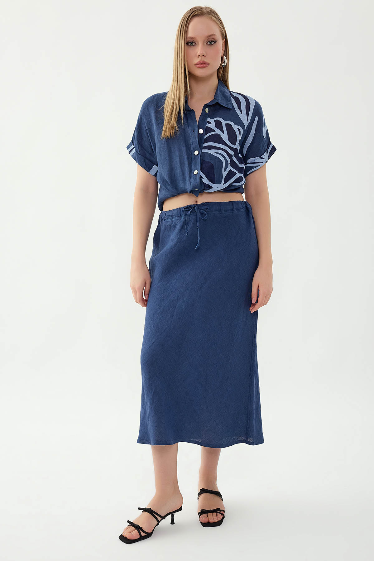 %100 Keten Beli Bağcıklı Midi Etek - Thumbnail