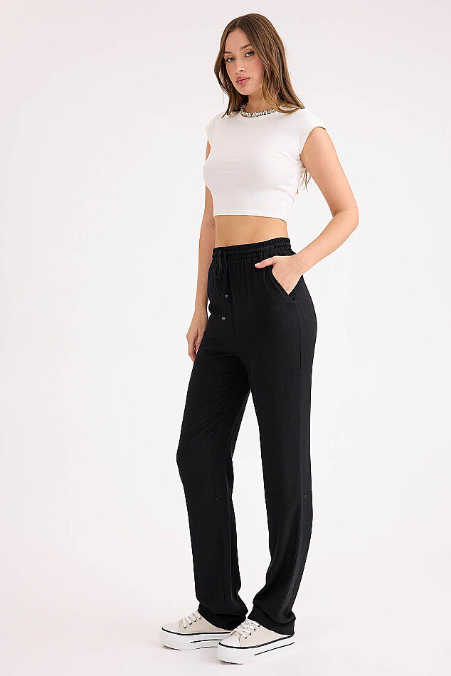 Beli Bağcıklı Viskon Keten Pantolon - 3