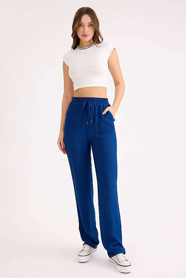 Beli Bağcıklı Viskon Keten Pantolon - 15