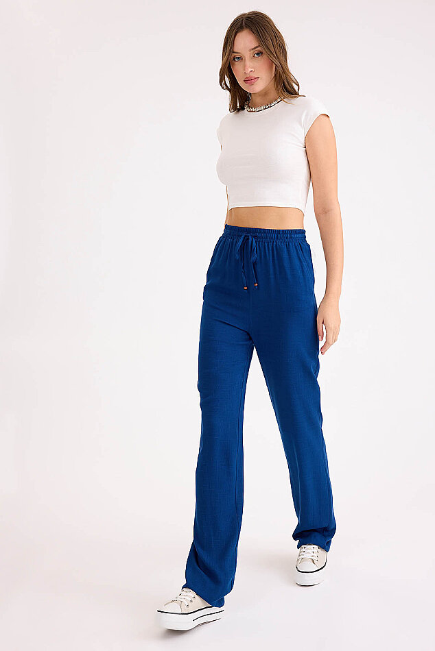 Beli Bağcıklı Viskon Keten Pantolon - 17