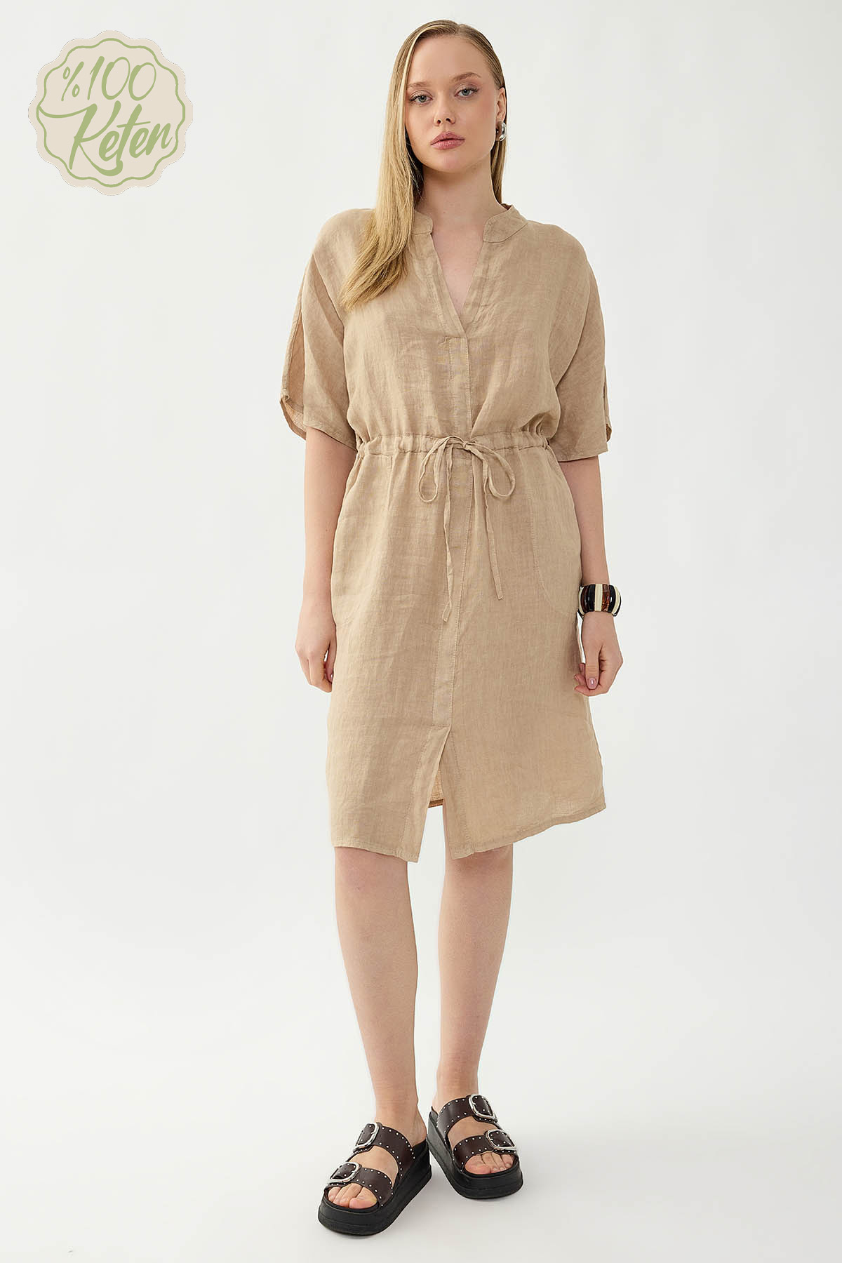 %100 Keten Beli Bağlamalı Cepli Elbise - Thumbnail