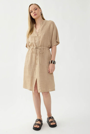 %100 Keten Beli Bağlamalı Cepli Elbise - 2