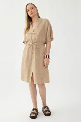 %100 Keten Beli Bağlamalı Cepli Elbise (1)
