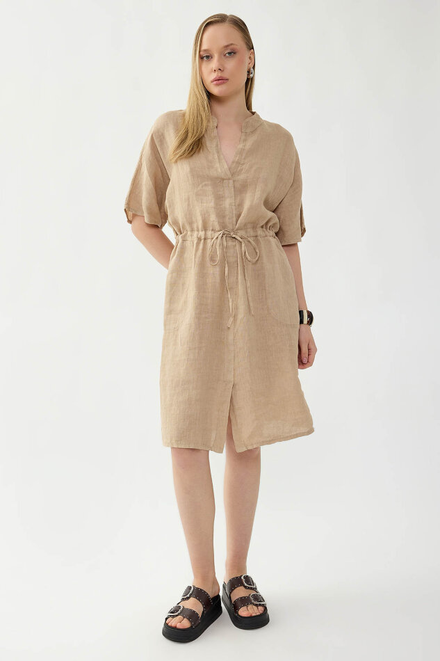 %100 Keten Beli Bağlamalı Cepli Elbise - 3