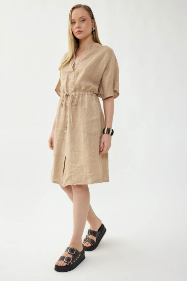 %100 Keten Beli Bağlamalı Cepli Elbise - 4