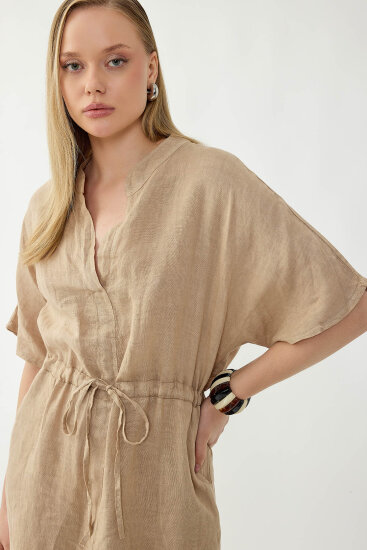 %100 Keten Beli Bağlamalı Cepli Elbise - 6