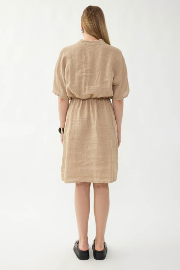 %100 Keten Beli Bağlamalı Cepli Elbise - 5
