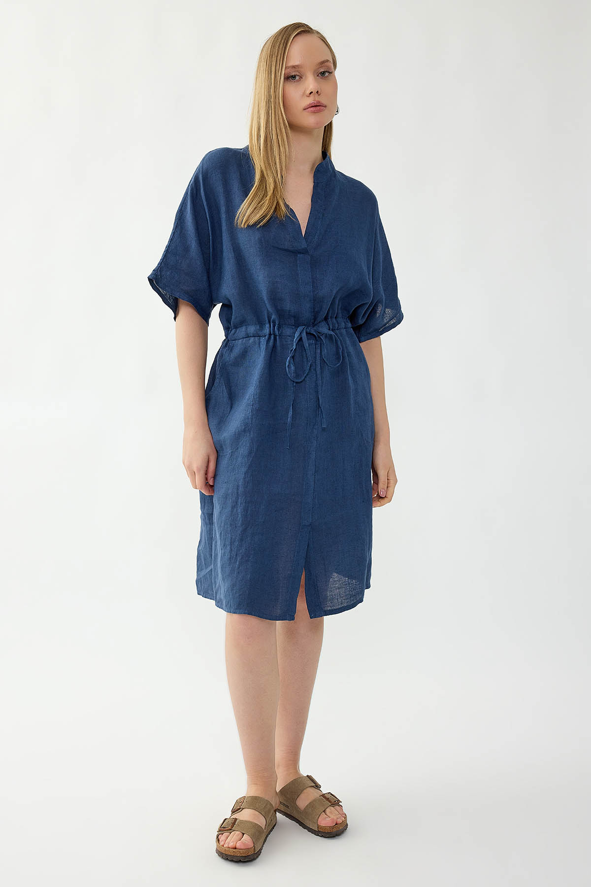 %100 Keten Beli Bağlamalı Cepli Elbise - Thumbnail