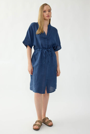 %100 Keten Beli Bağlamalı Cepli Elbise - 8