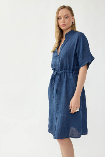 %100 Keten Beli Bağlamalı Cepli Elbise - 9