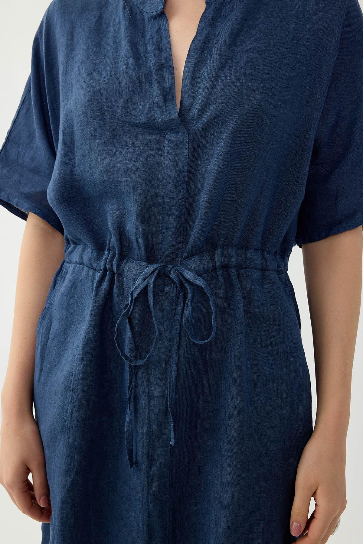 %100 Keten Beli Bağlamalı Cepli Elbise - Thumbnail