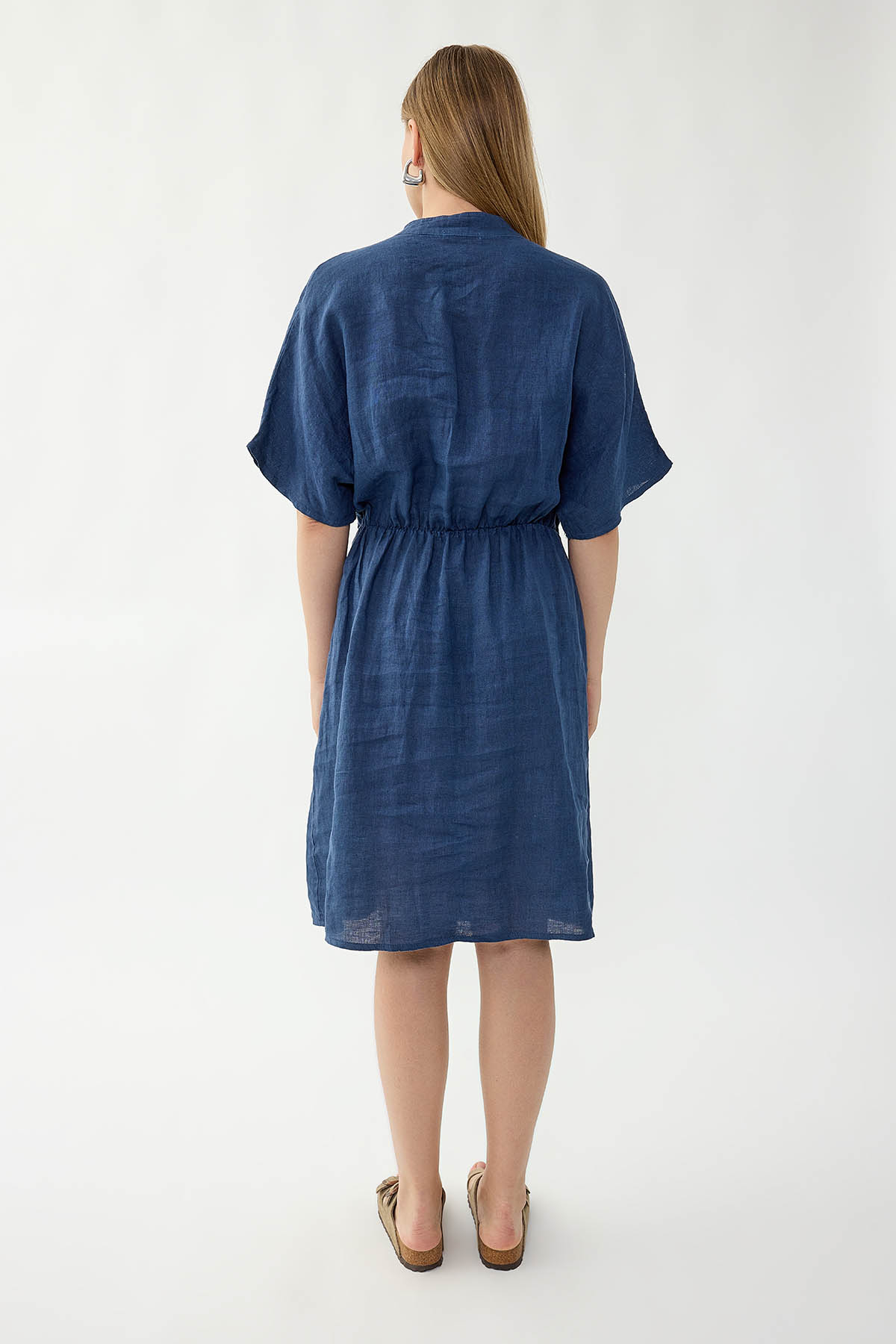 %100 Keten Beli Bağlamalı Cepli Elbise - Thumbnail