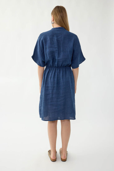 %100 Keten Beli Bağlamalı Cepli Elbise - 11