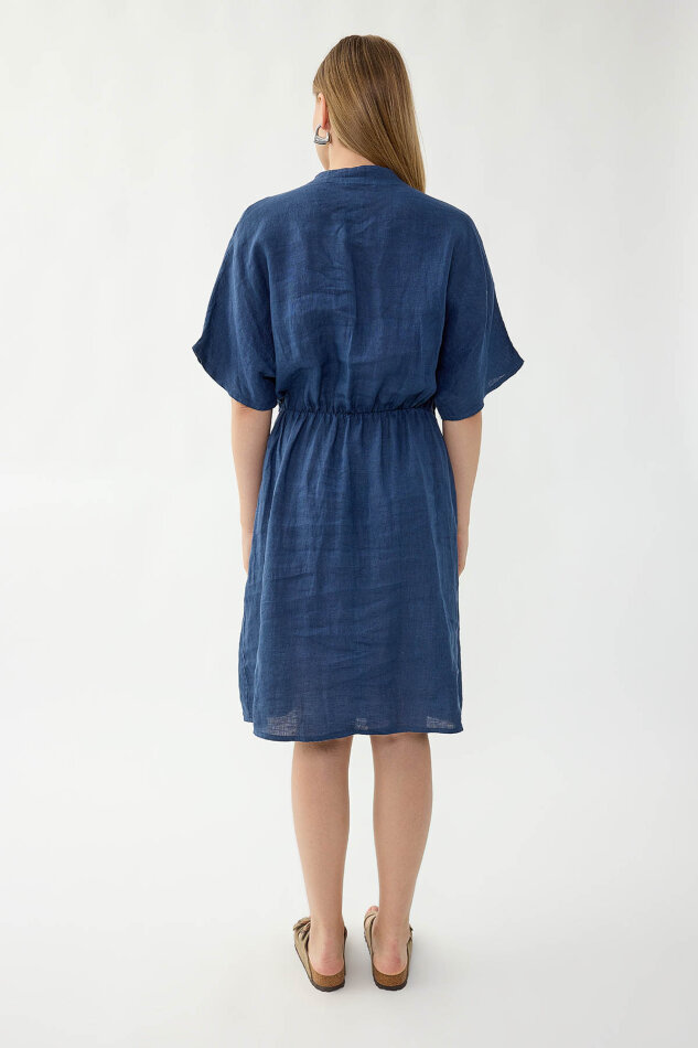 %100 Keten Beli Bağlamalı Cepli Elbise - 11