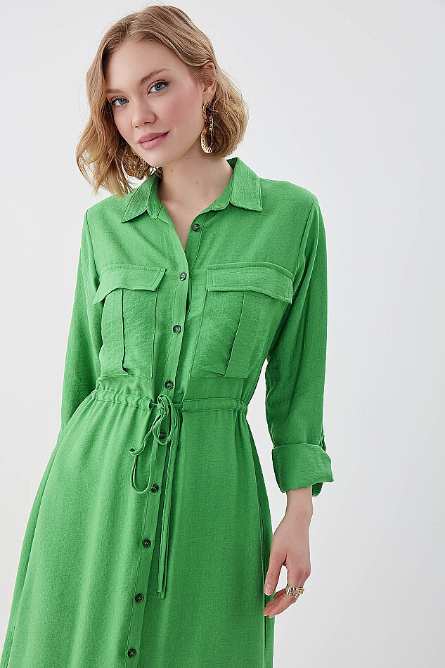 Beli Bağlamalı Çift Cep Gömlek Elbise - 13