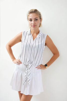 Beli Bağlamalı Çizgili Sıfır Kol Gömlek