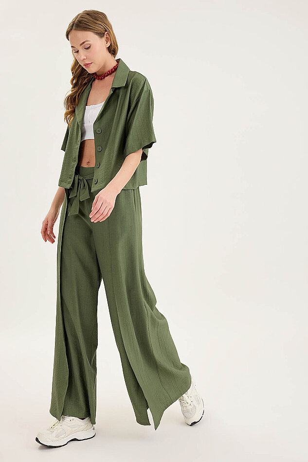 Beli Bağlamalı Krinkıl Kumaş Dökümlü Pantolon - 3