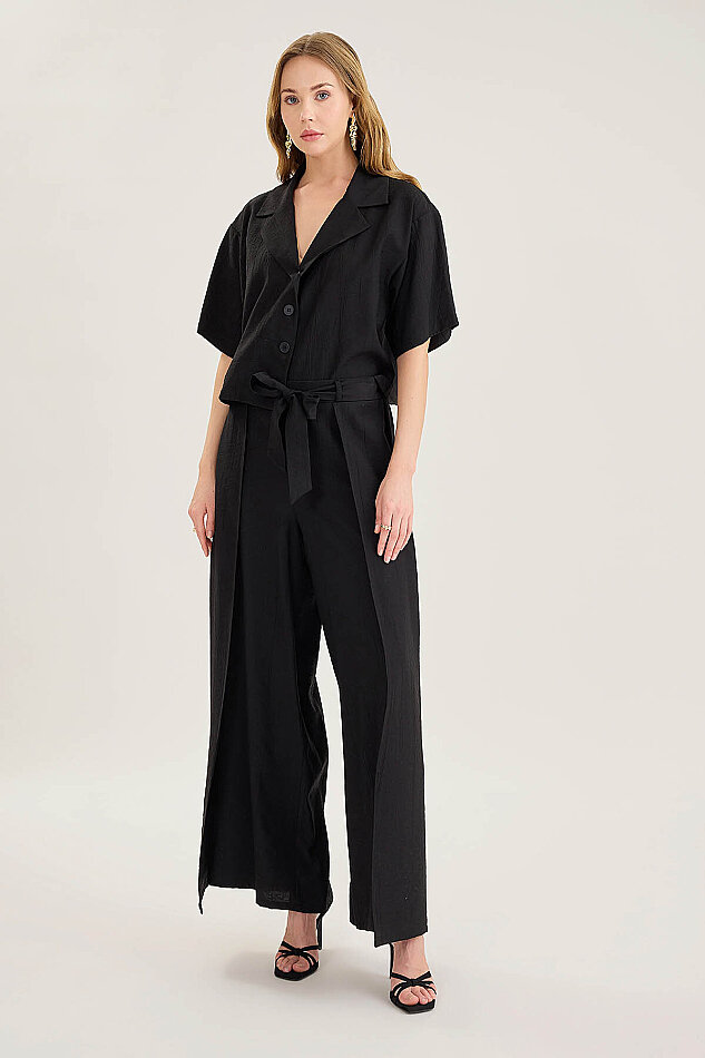 Beli Bağlamalı Krinkıl Kumaş Dökümlü Pantolon - 23