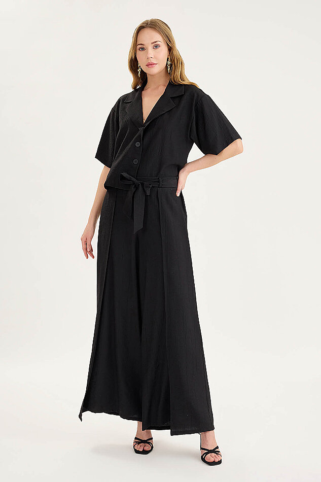 Beli Bağlamalı Krinkıl Kumaş Dökümlü Pantolon - 22