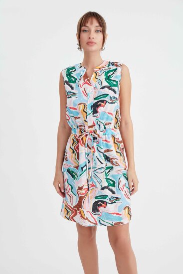 Beli Büzgülü Desenli Elbise - 1