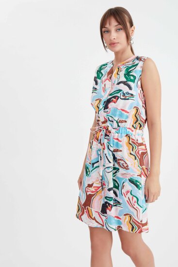 Beli Büzgülü Desenli Elbise - 2