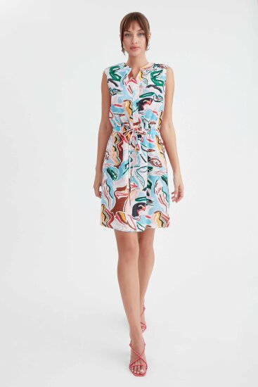 Beli Büzgülü Desenli Elbise - 3