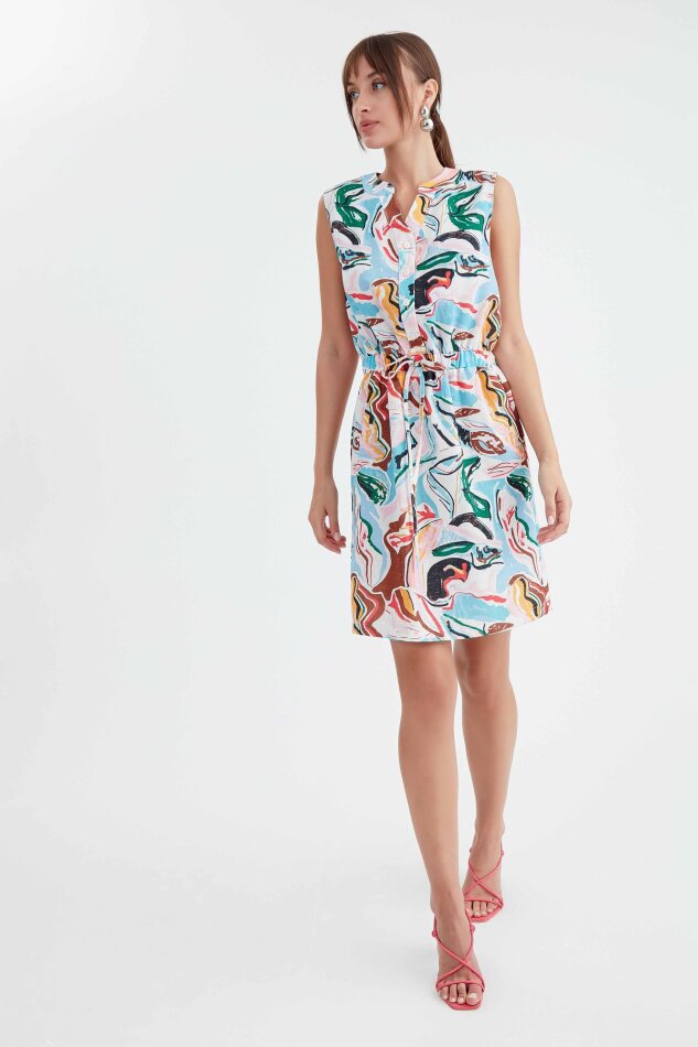 Beli Büzgülü Desenli Elbise - 4