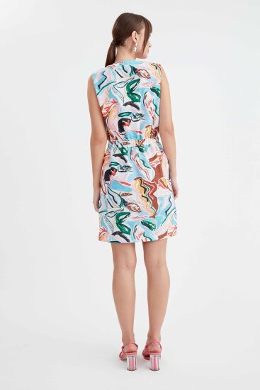 Beli Büzgülü Desenli Elbise - 5