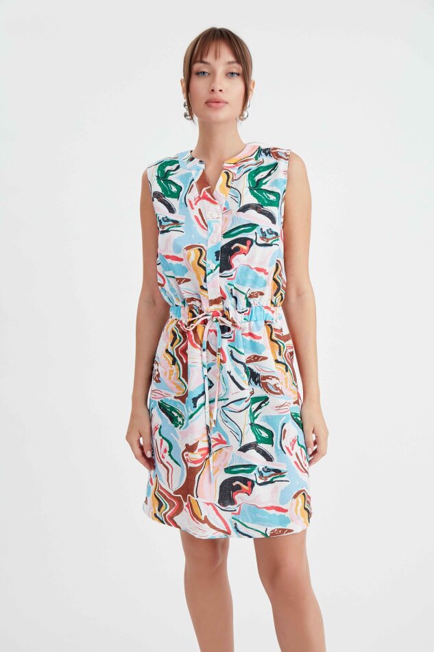 Beli Büzgülü Desenli Elbise - 6