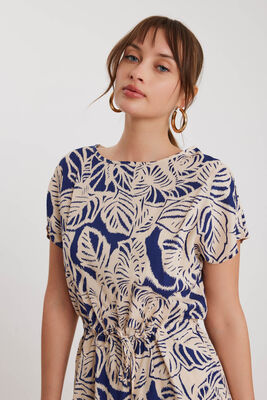 Beli Büzgülü Desenli Kısa Kol Bluz - Thumbnail (2)