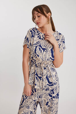 Beli Büzgülü Desenli Kısa Kol Bluz - Thumbnail (3)