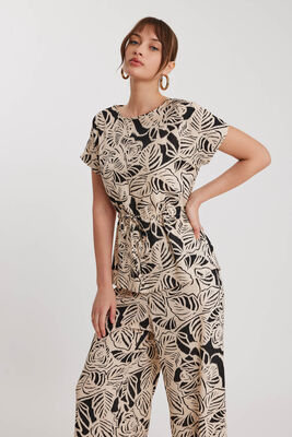 Beli Büzgülü Desenli Kısa Kol Bluz - Thumbnail (5)