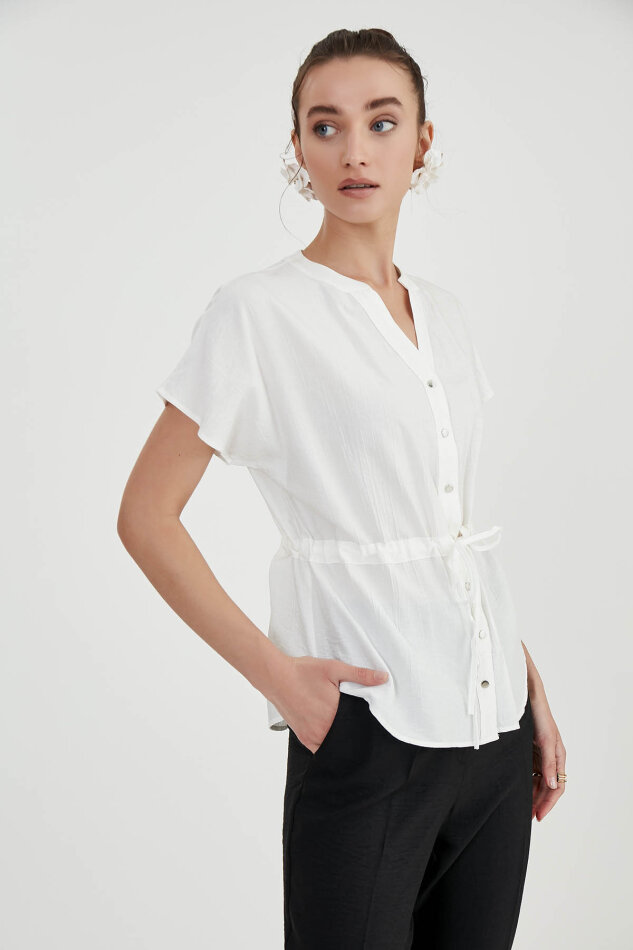 Beli Büzgülü Düğmeli Salaş Bluz - 4