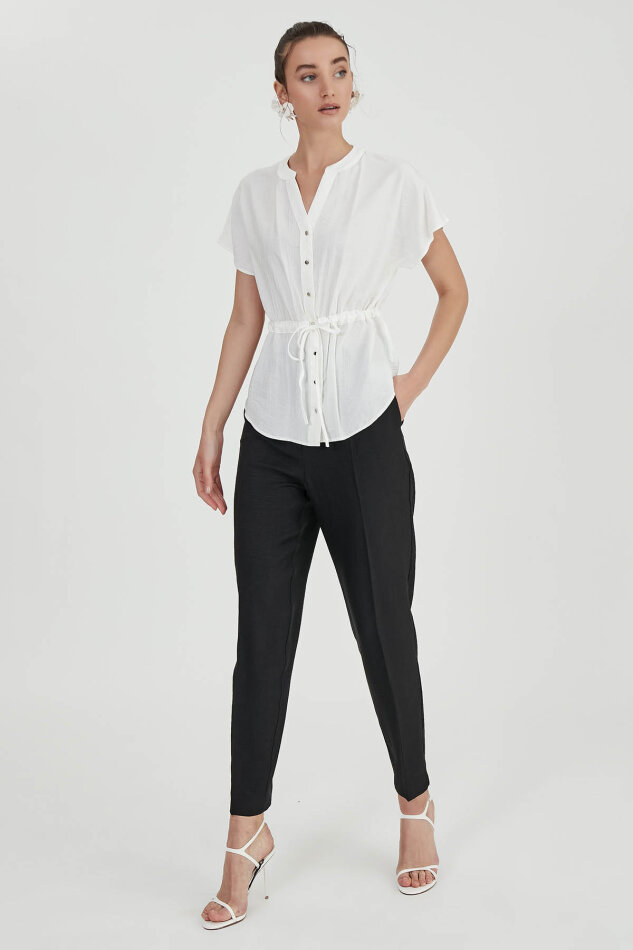 Beli Büzgülü Düğmeli Salaş Bluz - 5