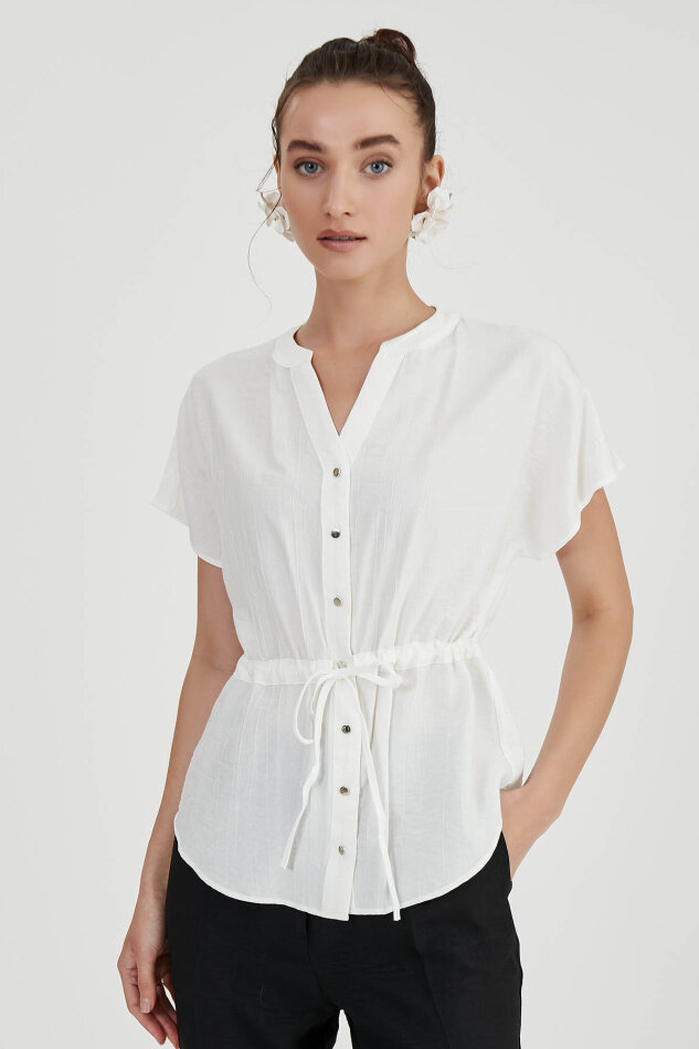 Beli Büzgülü Düğmeli Salaş Bluz - 7