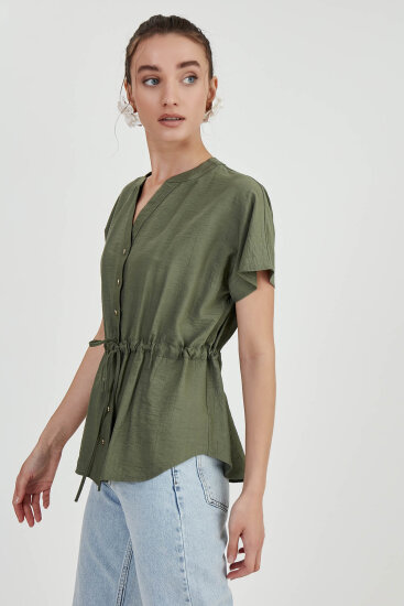 Beli Büzgülü Düğmeli Salaş Bluz - 9