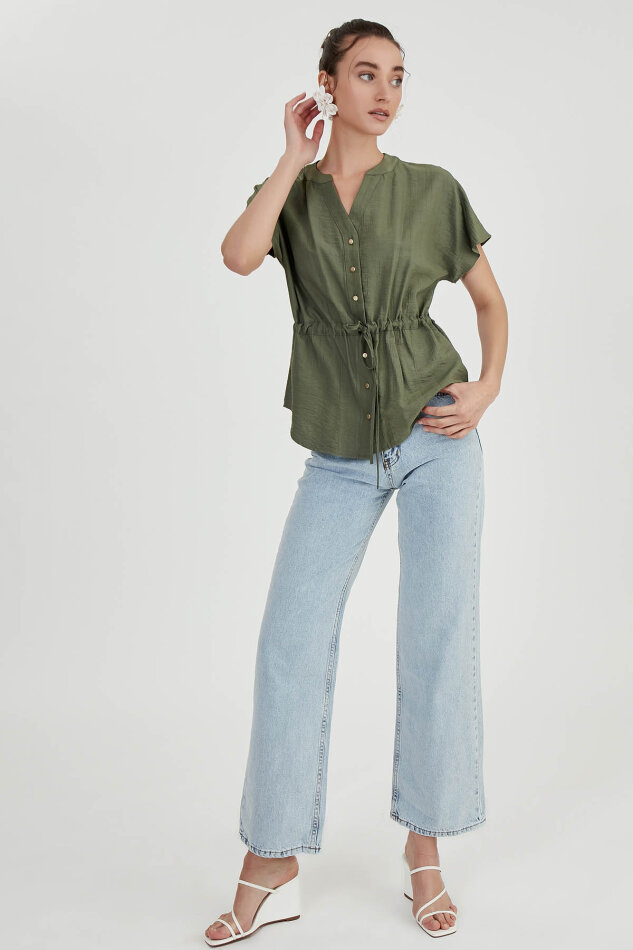 Beli Büzgülü Düğmeli Salaş Bluz - 10