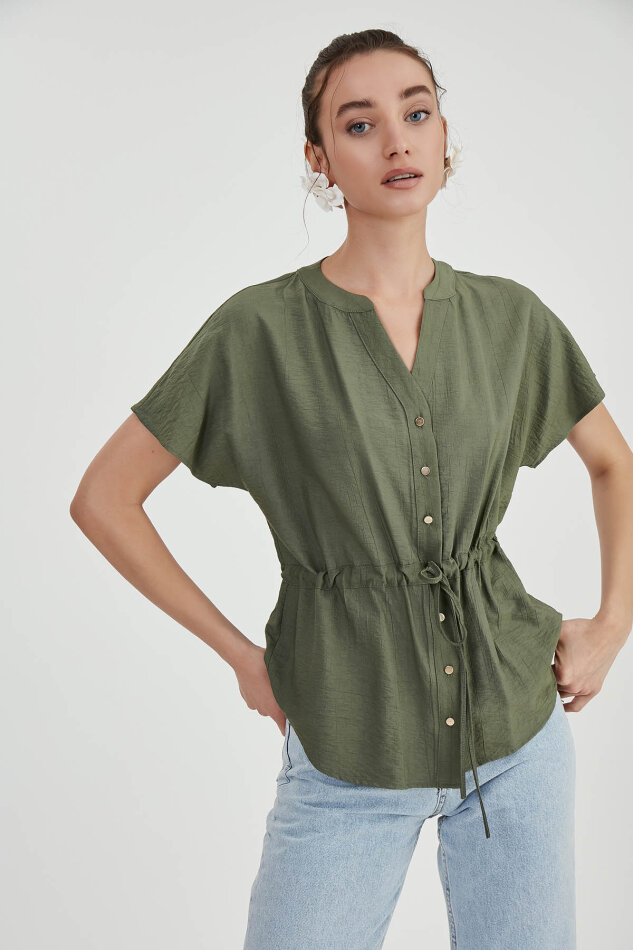 Beli Büzgülü Düğmeli Salaş Bluz - 11