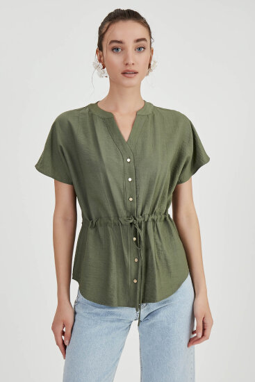 Beli Büzgülü Düğmeli Salaş Bluz - 8