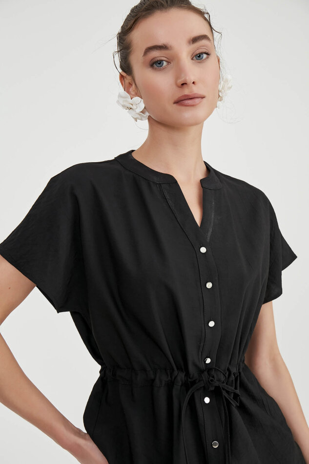 Beli Büzgülü Düğmeli Salaş Bluz - 14