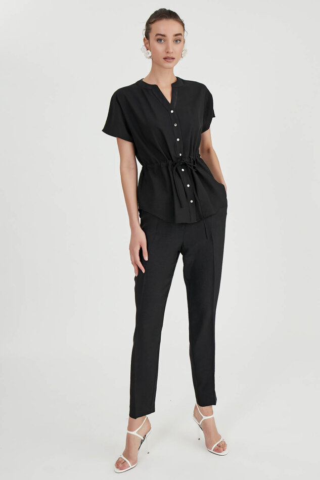 Beli Büzgülü Düğmeli Salaş Bluz - 15