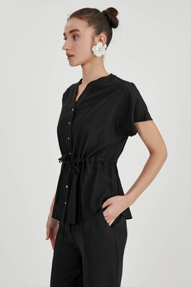 Beli Büzgülü Düğmeli Salaş Bluz - 16