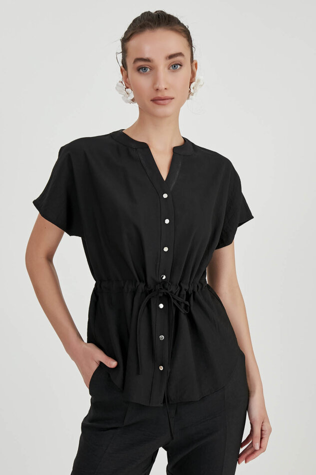 Beli Büzgülü Düğmeli Salaş Bluz - 13