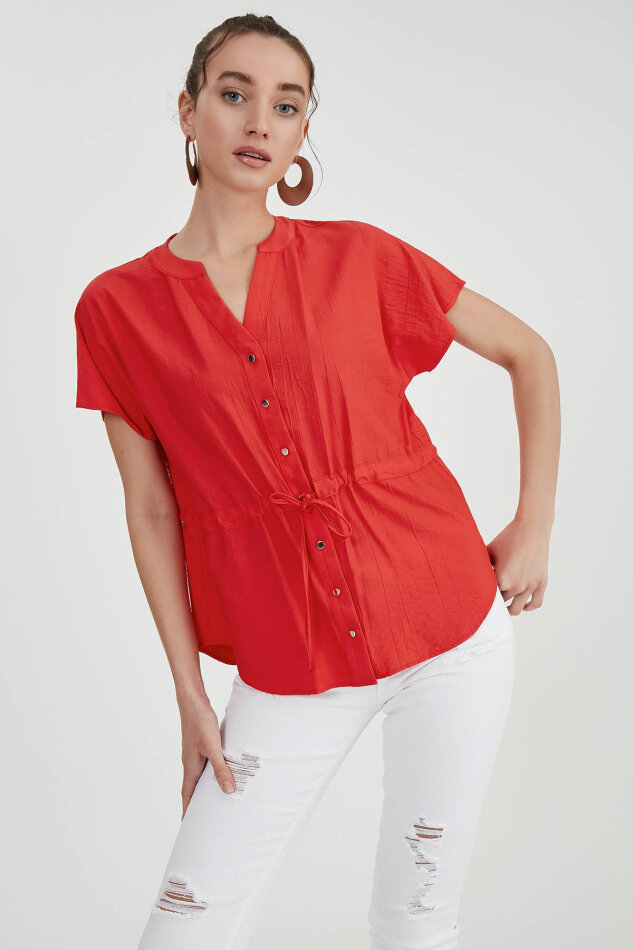 Beli Büzgülü Düğmeli Salaş Bluz - 19