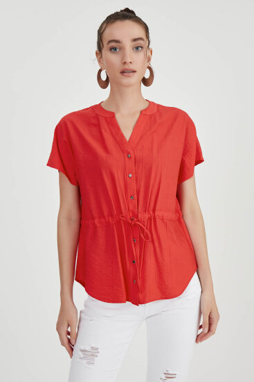 Beli Büzgülü Düğmeli Salaş Bluz - 18