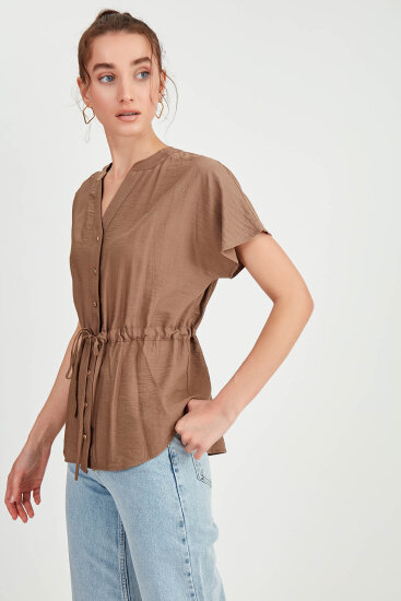 Beli Büzgülü Düğmeli Salaş Bluz - 32