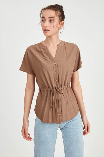 Beli Büzgülü Düğmeli Salaş Bluz - 34