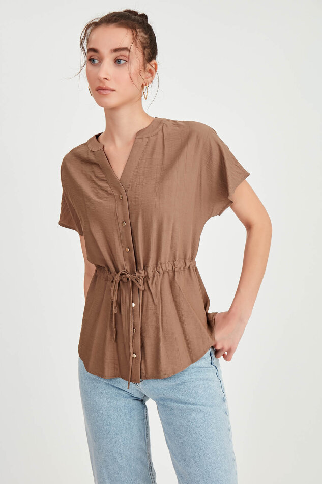 Beli Büzgülü Düğmeli Salaş Bluz - 36